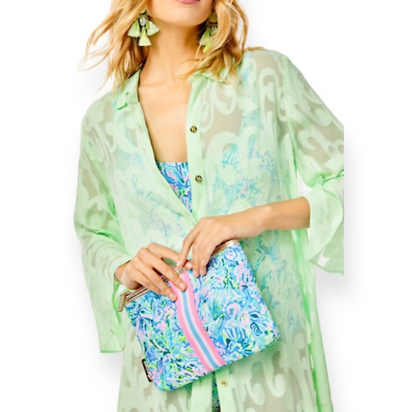 LILLY PULITZER Printed Clutch Zippered Pouch Surf Blue Soleil It On Me Gold Trim - Picture 4 of 7